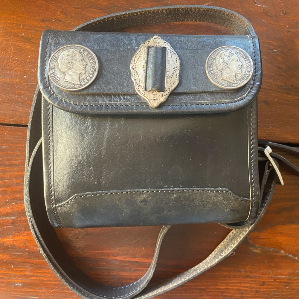 Vintage Austrian Black Leather Crossbody Bag with Silver Accents